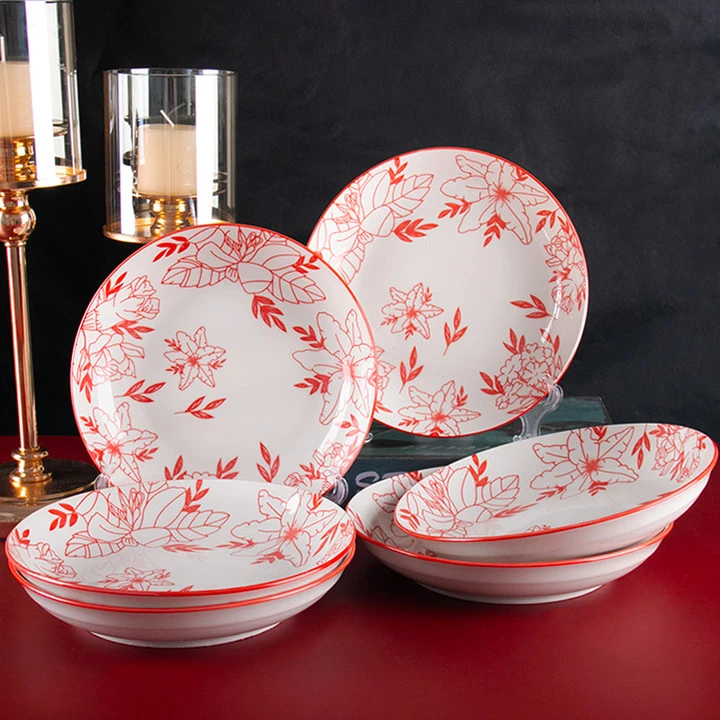 【6个装】8英寸玫瑰之约陶瓷圆盘家用菜盘深盘高颜值厨房釉下彩餐具