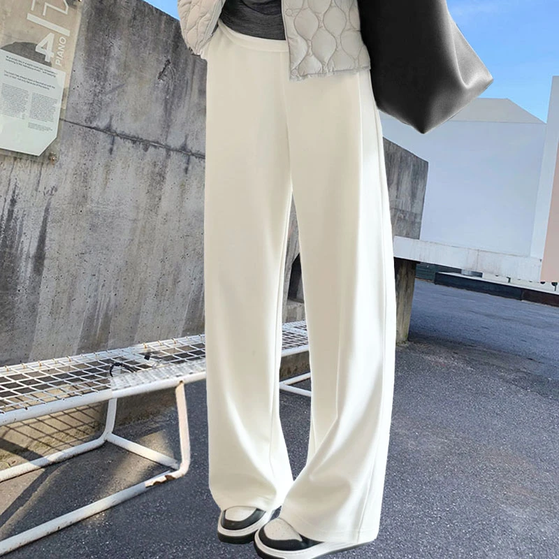 百搭加厚保暖显瘦松紧腰 直筒长裤 秋冬纯色山羊绒醋酸垂坠卫裤女