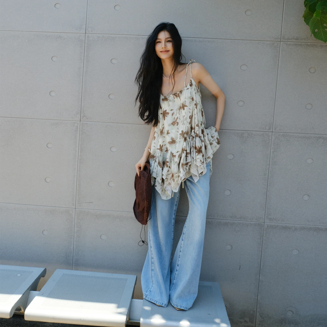 FRESH UP度假风清凉感印花雪纺吊带连衣裙女夏气质显瘦A字上衣裙