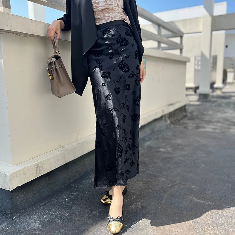法式 高腰醋酸松紧腰提花 显瘦半身裙黑色包臀长裙