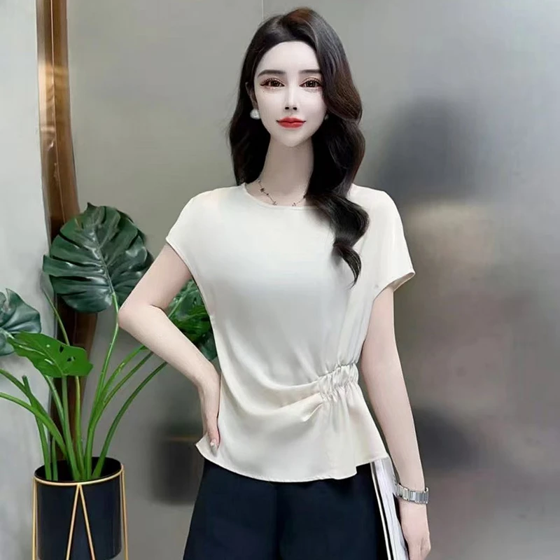 圆领短袖t恤女士夏季2025新款气质收腰百搭显瘦褶皱上衣洋气小衫