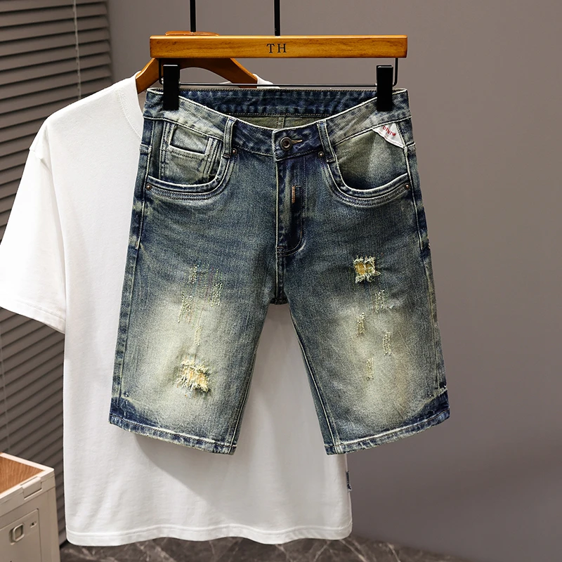 夏季复古破洞牛仔短裤男弹力修身直筒刮烂怀旧五分裤乞丐休闲中裤