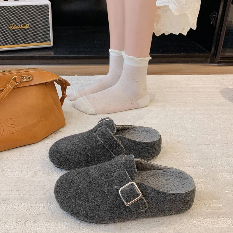 复古呢子加绒勃肯拖鞋女外穿森系百搭软底厚底毛毛拖鞋懒人穆勒鞋