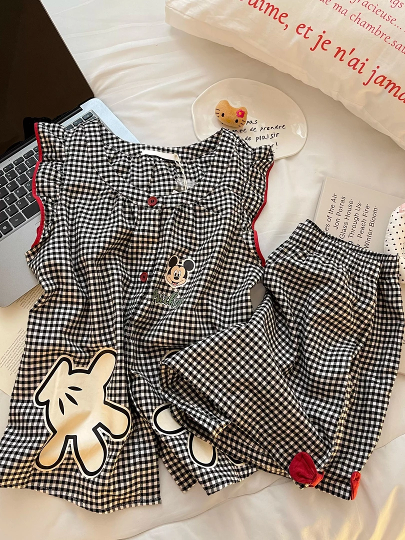 【DMXJ大梦想家】韩系少女格子米奇睡衣女款夏季新款短裤套装居家服