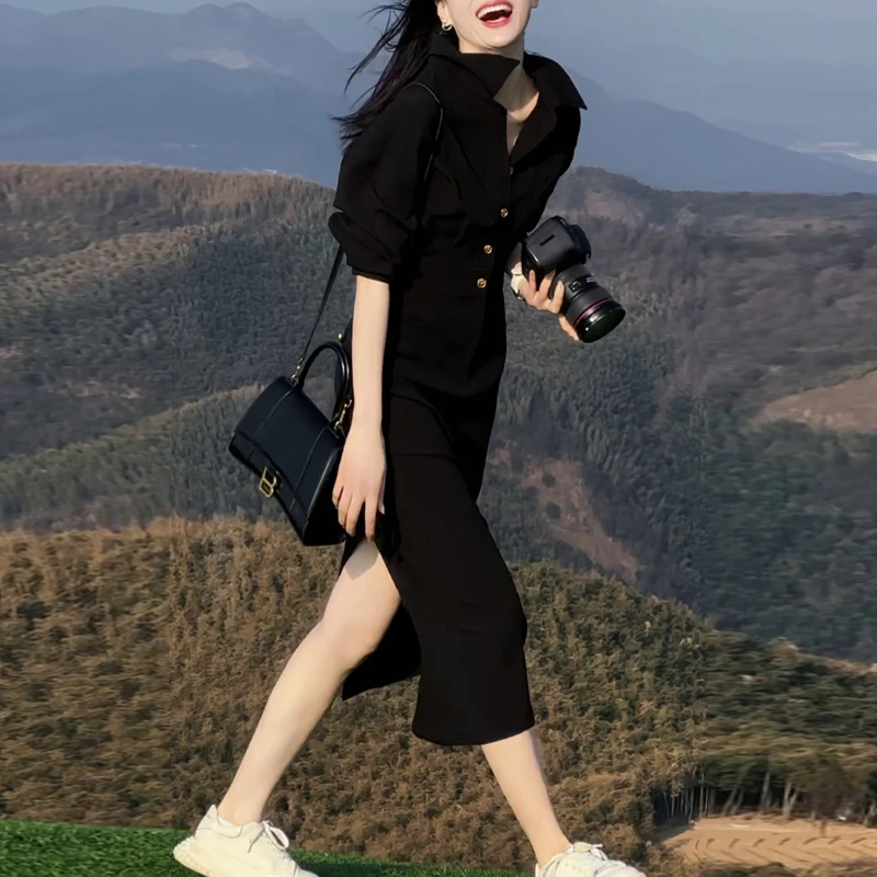 2025初秋新款大码女装高腰休闲长袖连衣裙显瘦Polo领型开叉中长裙