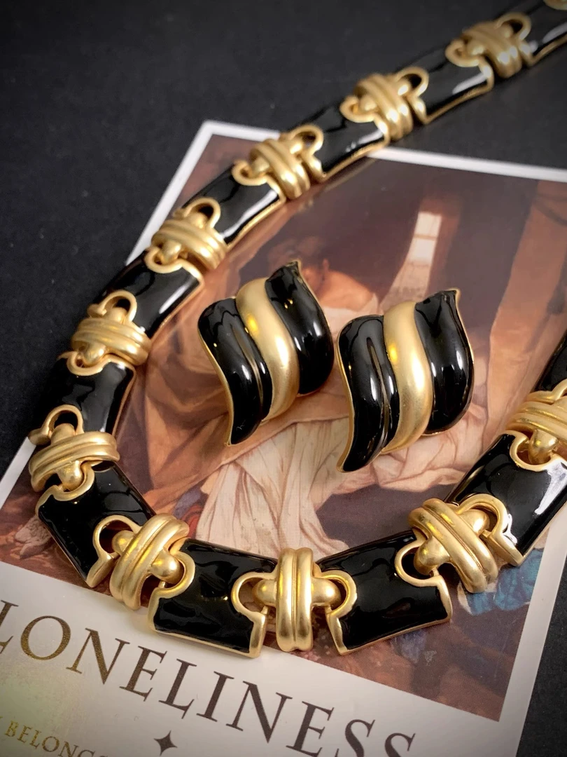 合金耳饰 「繁花同款」黑色珐琅耳环耳夹项链宫廷风金色复古手工