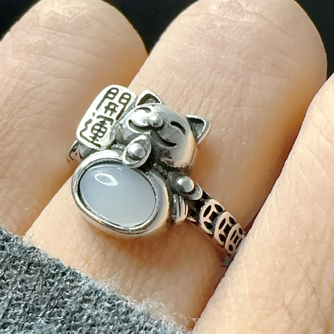 s925复古做旧和田玉招财猫戒指