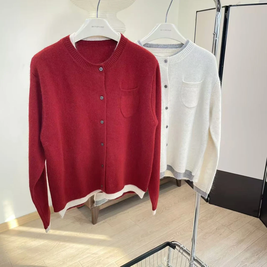 针织衫-9531胸前口袋撞色单排扣圆领开衫