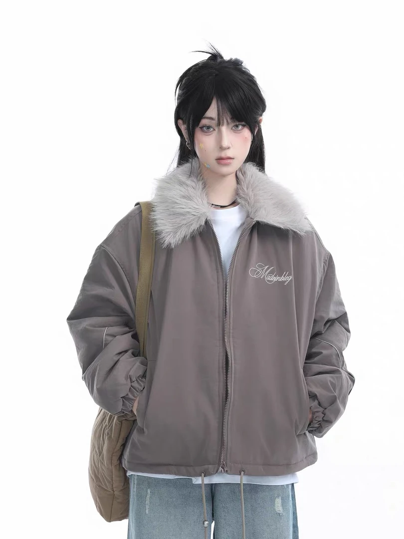 冬季加厚夹棉毛领工装棉服女美式复古棉衣夹克外套潮