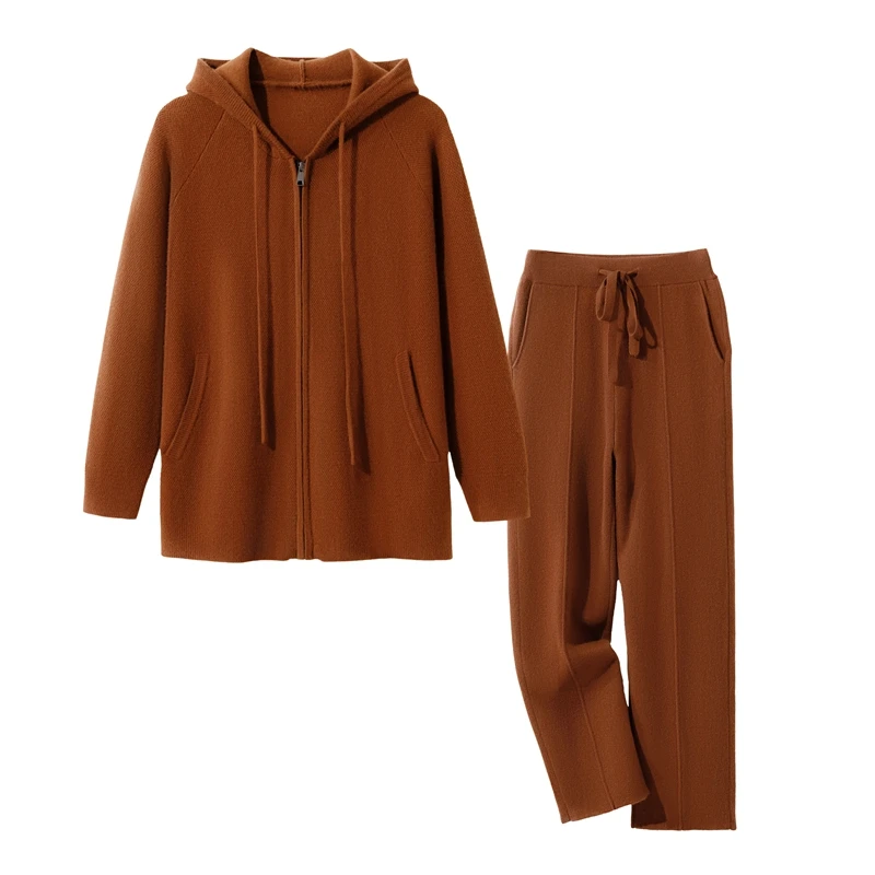 康塞尼100%纯山羊绒开衫连帽领男士套装加厚保暖高端轻奢针织套装