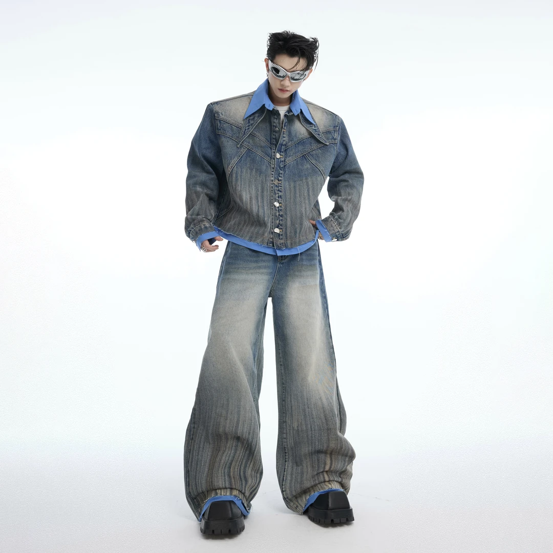 ArguE CulturE时光旅人 重工拼接解构牛仔外套高腰阔腿牛仔裤套装