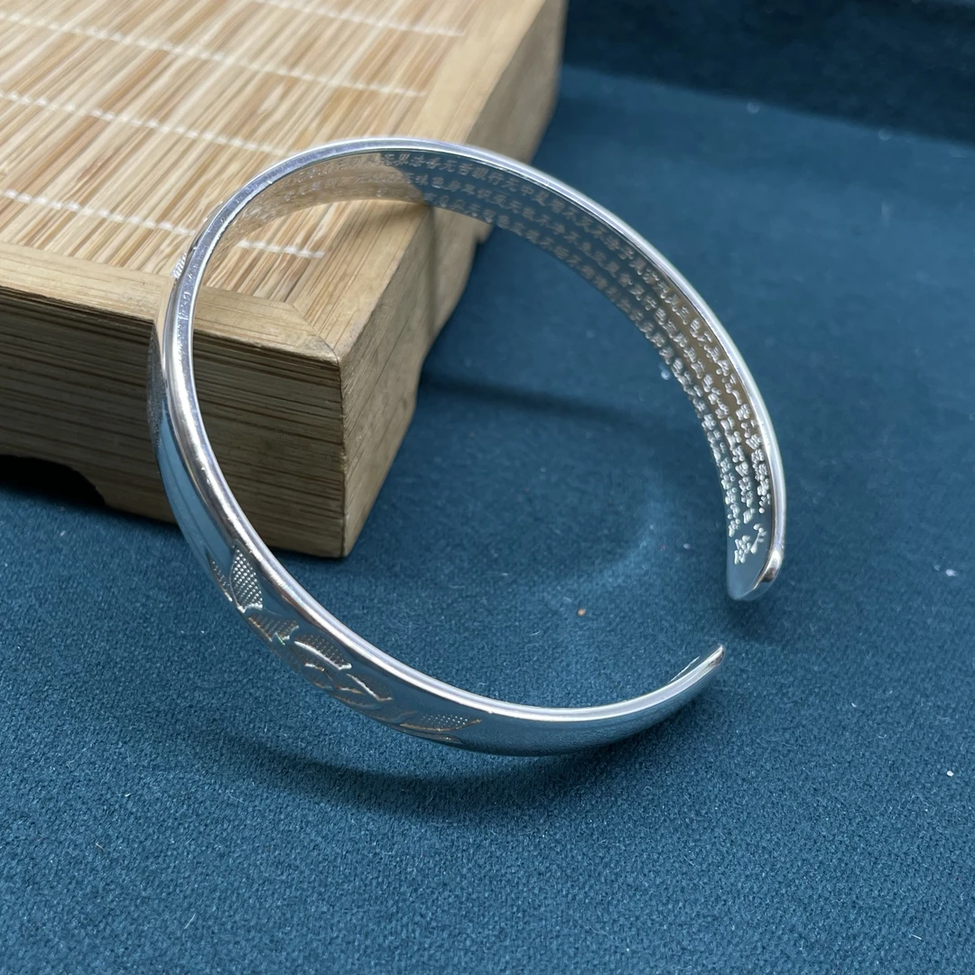 足银手镯 莲花开口心经手镯    足银999