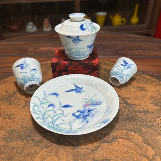 景德镇聚澜堂斗彩青花花鸟主人杯闻香杯岩茶盖碗壶承