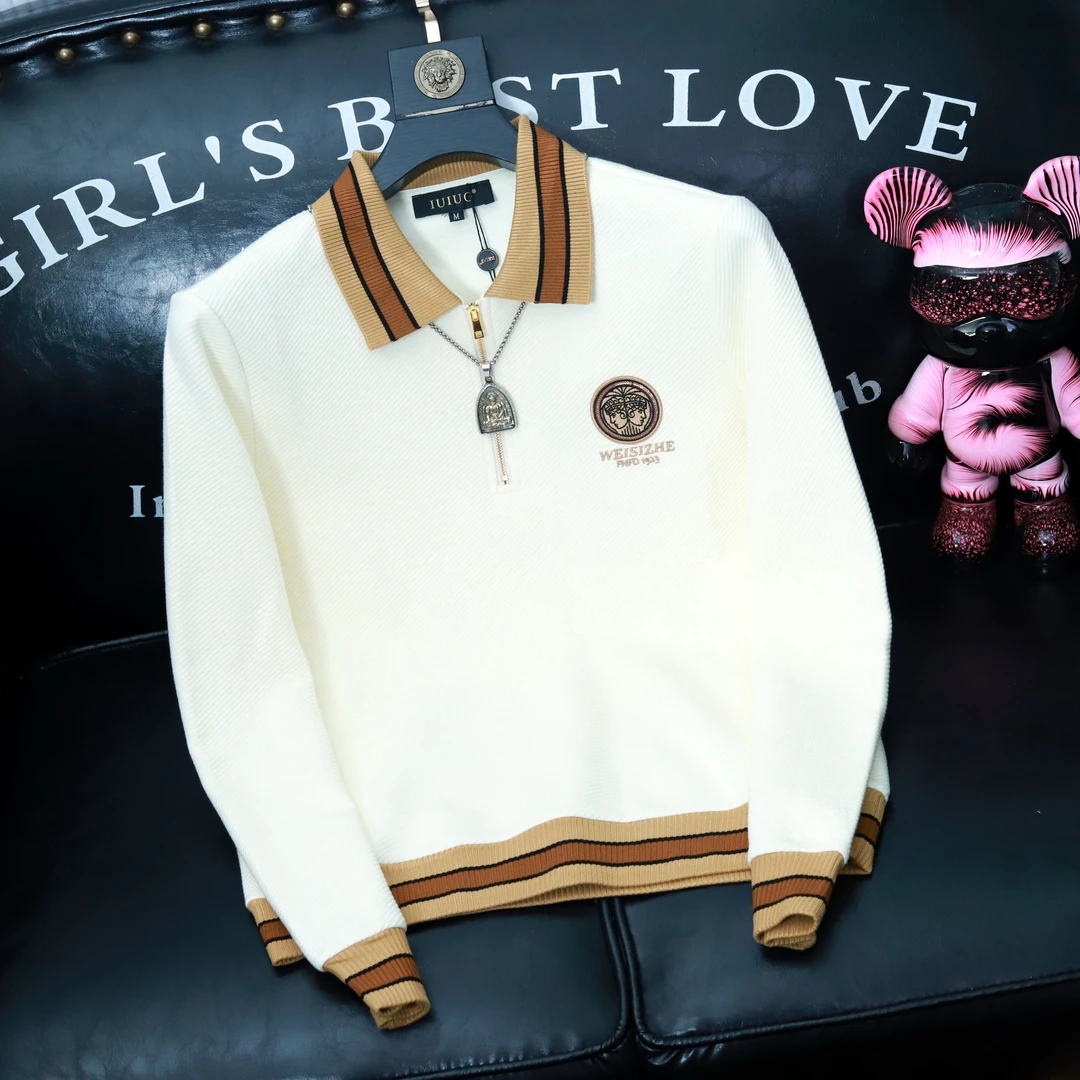 高级轻奢感翻领半拉链卫衣男美式潮牌痞帅气时尚刺绣纯棉长袖t恤