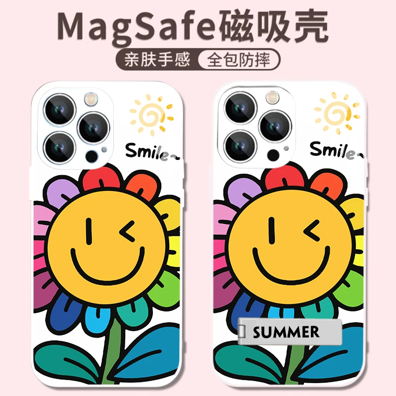 适用苹果华为一加小米太阳花金属漆玻璃磁吸壳卡通动漫防摔手机壳