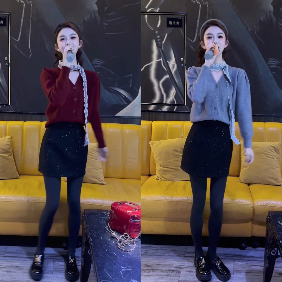 凛冬之梦蕾丝挂脖飘带V领显瘦保暖针织开衫