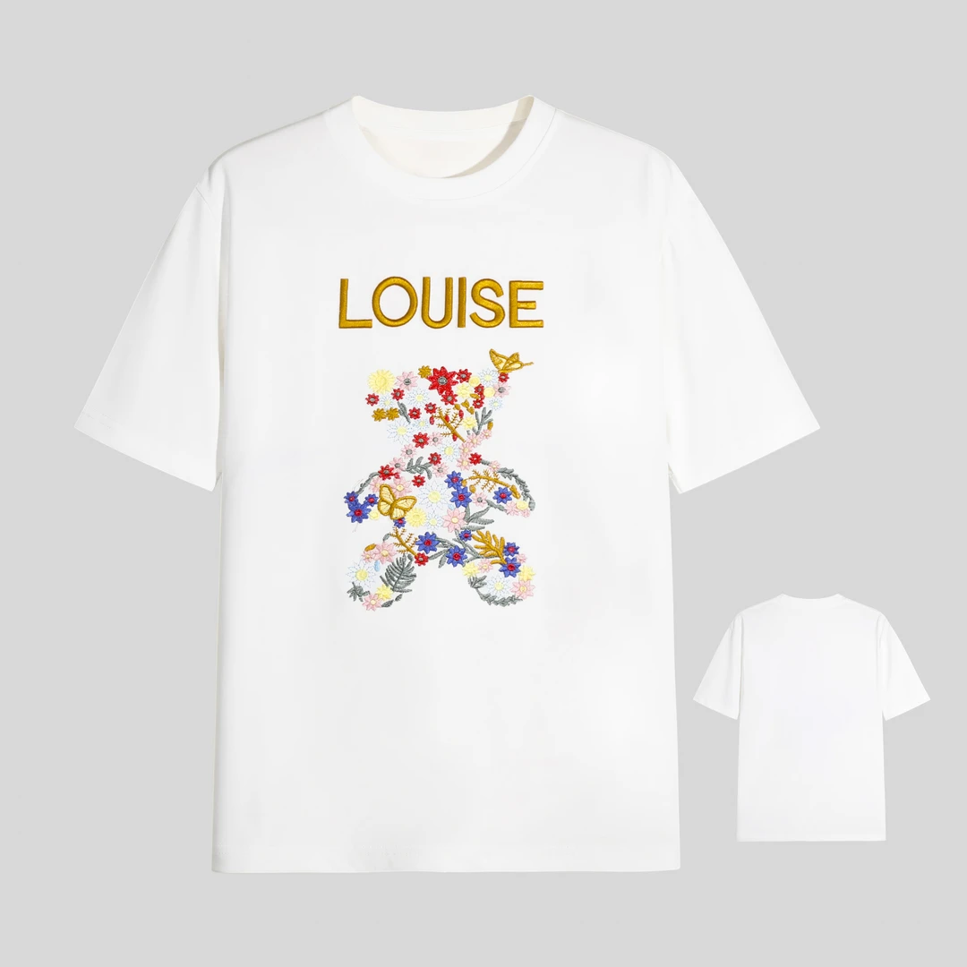 【花】2025年经典百搭短袖时尚刺绣熊T恤 y201