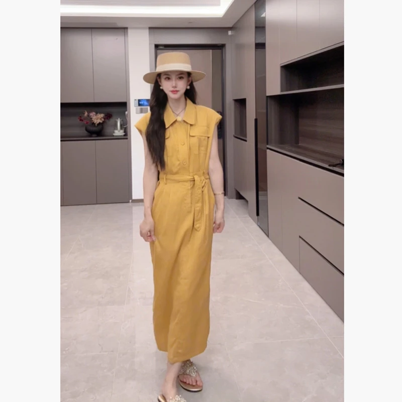 【小冉专属】夏季新款亚麻减龄收腰显瘦长裙女下摆开叉连衣裙2835