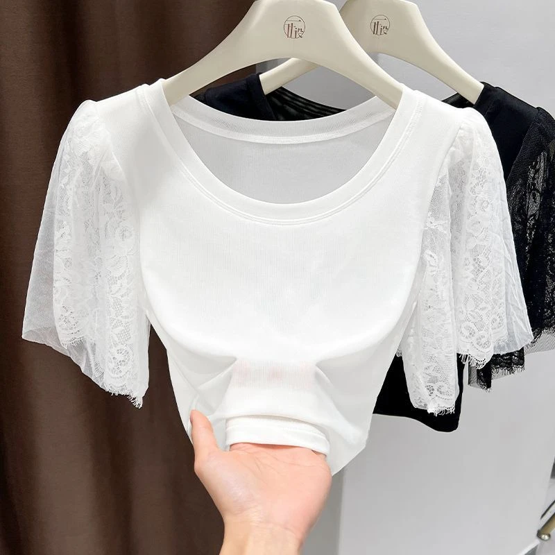 2025新款蕾丝打底衫女网纱上衣薄款透视半高领花边蕾丝打底衫