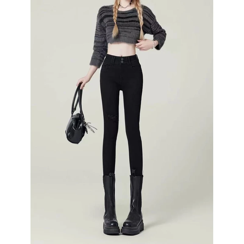 8912 破洞高腰紧身牛仔裤女2025弹力修身显瘦百搭小脚铅笔裤