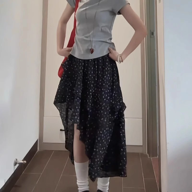 大码胖mm法式不规则荷叶边半身裙女夏季新款复古开叉碎花A字裙子