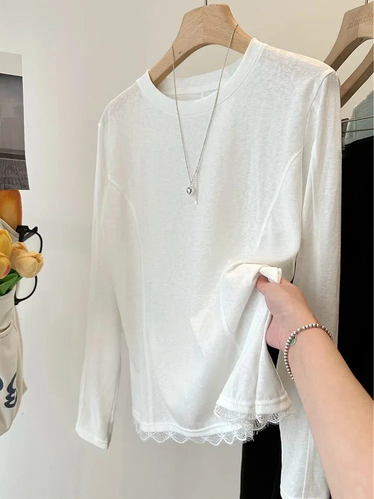 春秋季韩系拼接显瘦蕾丝花边下摆白色T恤长袖内搭上衣打底衫女ins