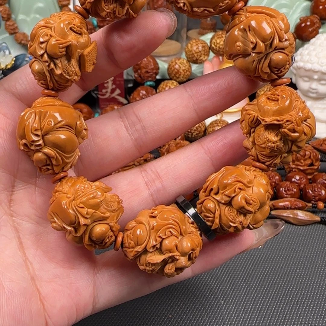 橄榄核手串/手链宽2.3梅林红整身立雕龙财神