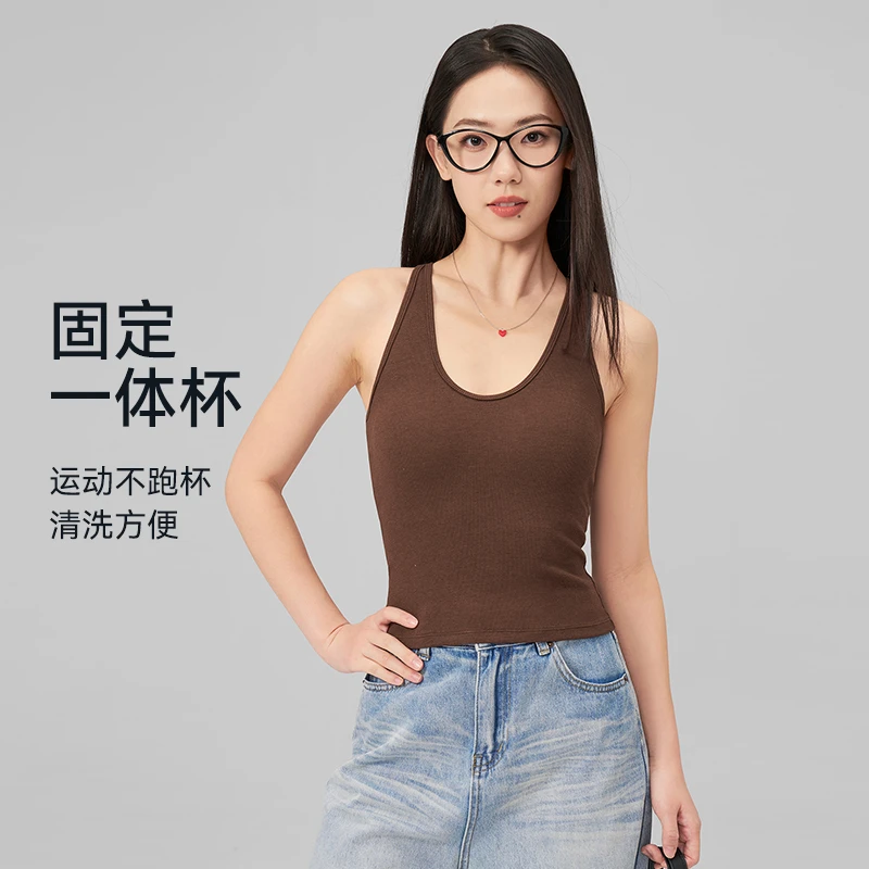 DK一体杯挂脖工字吊带短款运动背心休闲U领修身显瘦瑜伽上衣8423