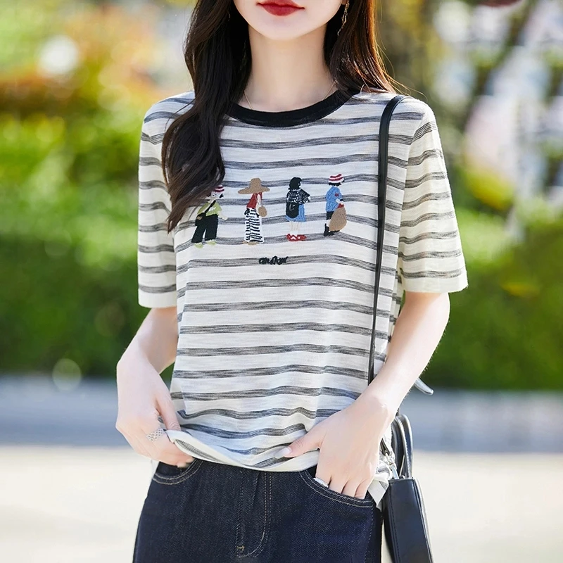 25年新款莱赛尔刺绣圆领条纹短袖女夏季宽松百搭T恤时尚休闲