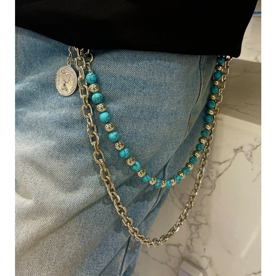 新款绿色黑纹可拆卸男女裤链子配饰嘻哈复古小众vibe双层腰链牛仔