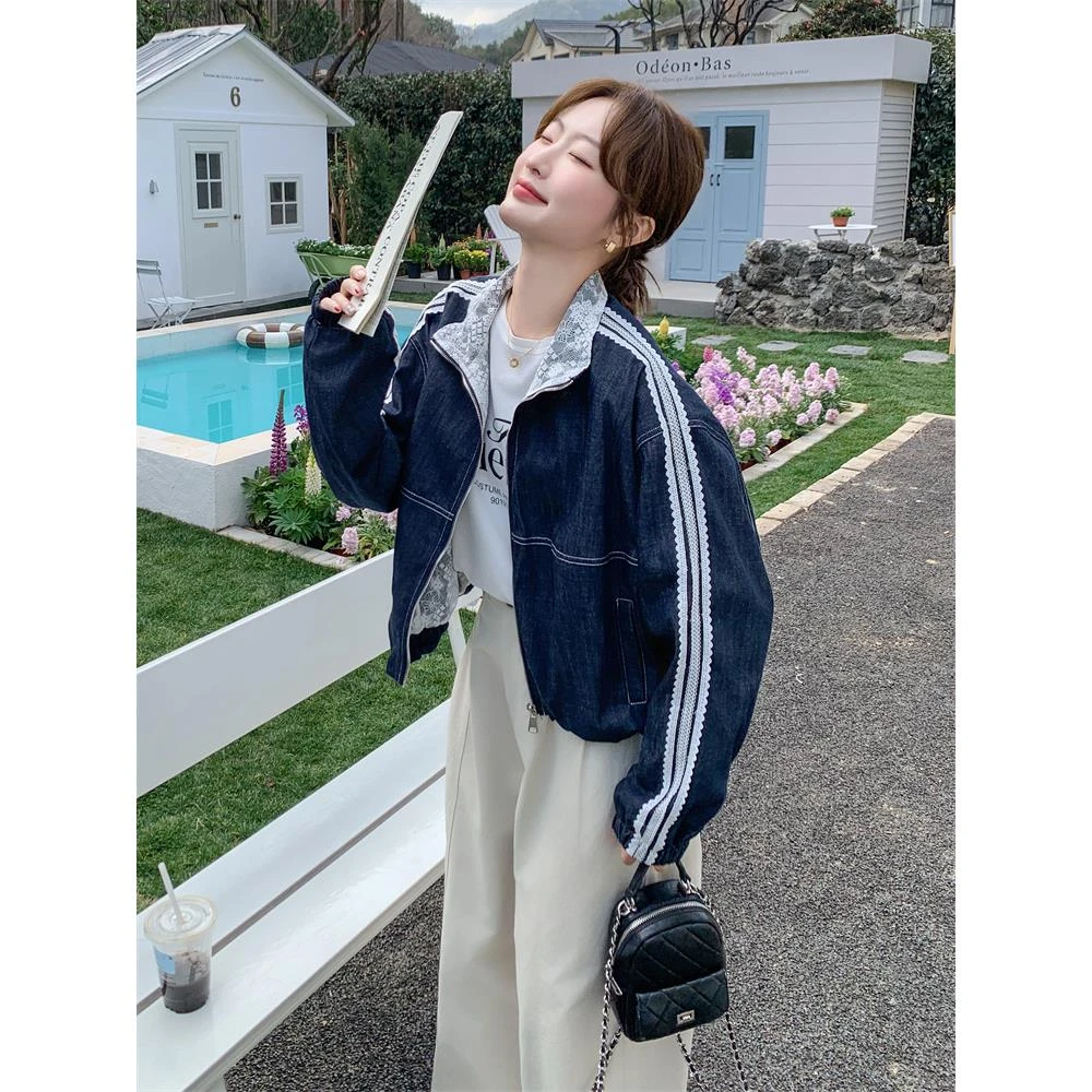 蕾丝拼接藏青色短外套女春秋爆款高级感巨好看百搭小个子夹克上衣