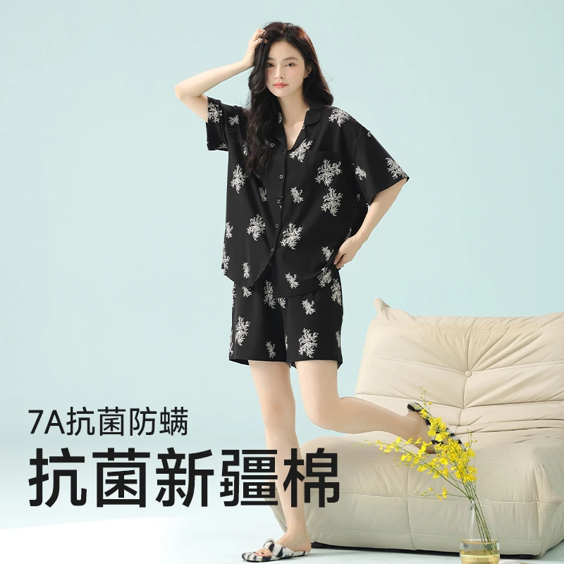 【新疆棉全棉】夏季睡衣女款爆款2025新款透气黑色家居睡衣套装