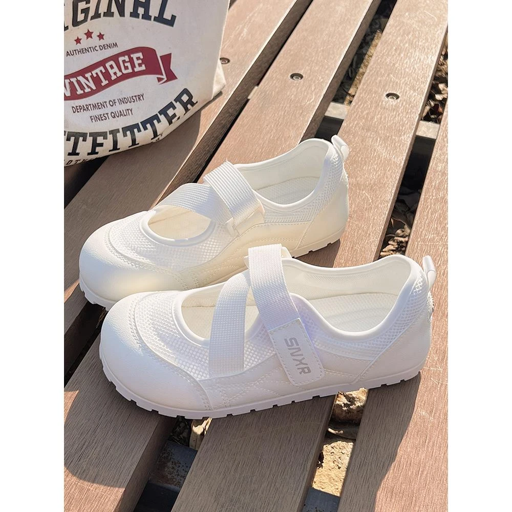 新款爆款百搭平底不累脚魔术贴小白鞋女韩系配裙子镂空休闲鞋