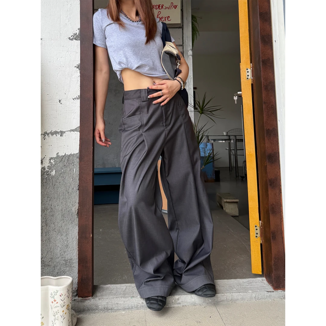 川川也家美式复古薄款西装裤高腰宽松休闲街头裤子夏季