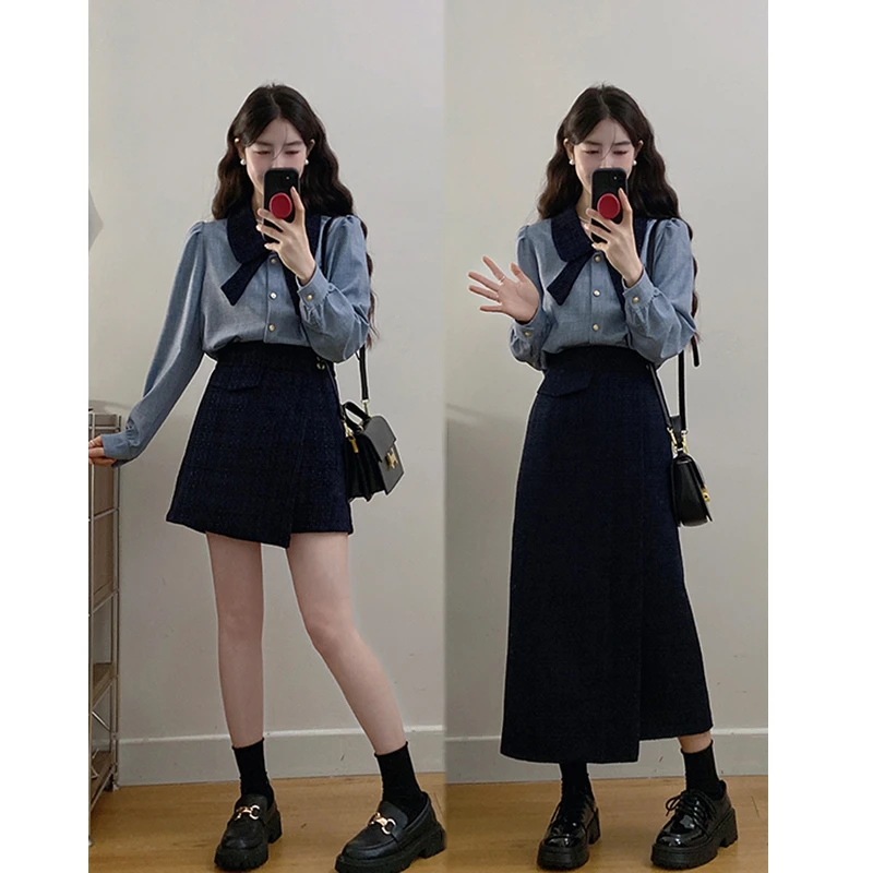 大码女装2025春季新款韩系小香通勤衬衫高腰遮肉显瘦裙裤气质套装
