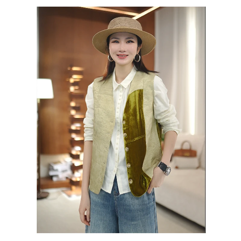 【春季穿搭】新中式国风马夹时尚高级感无袖V领提花马甲女D25036