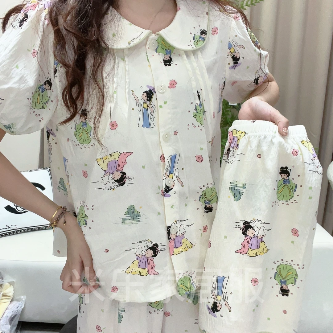 2025夏季新款{大唐舞姬}卡通睡衣短袖三件套带胸垫