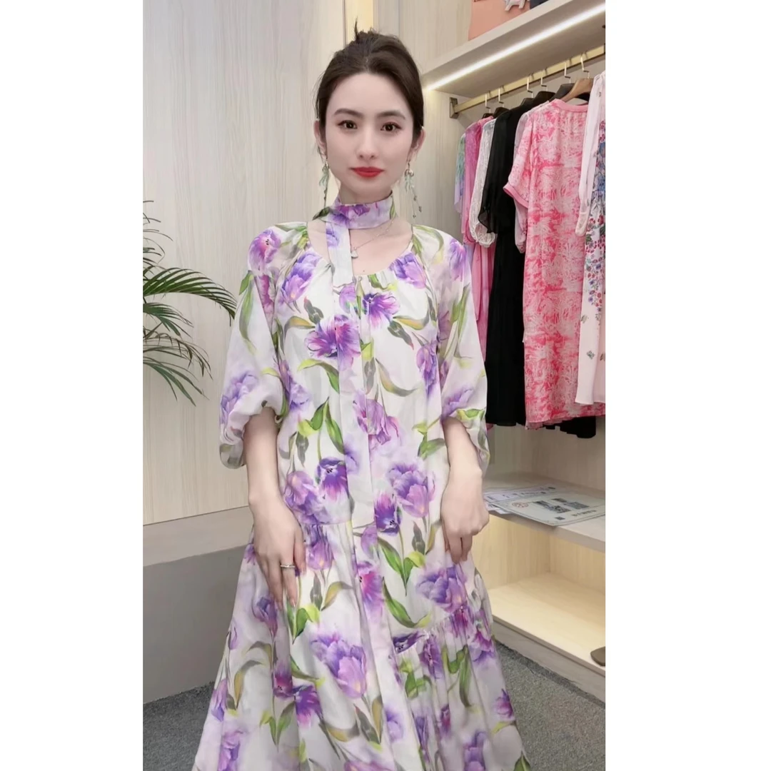 仙气十足！浪漫茶歇紫色鸢尾印花收腰圆领法式桑蚕丝连衣裙女