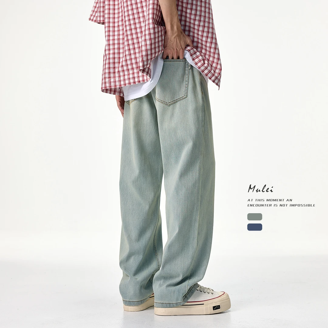 夏季薄款牛仔裤男美式潮牌穿搭天丝柔软垂感宽松直筒裤痞帅阔腿裤