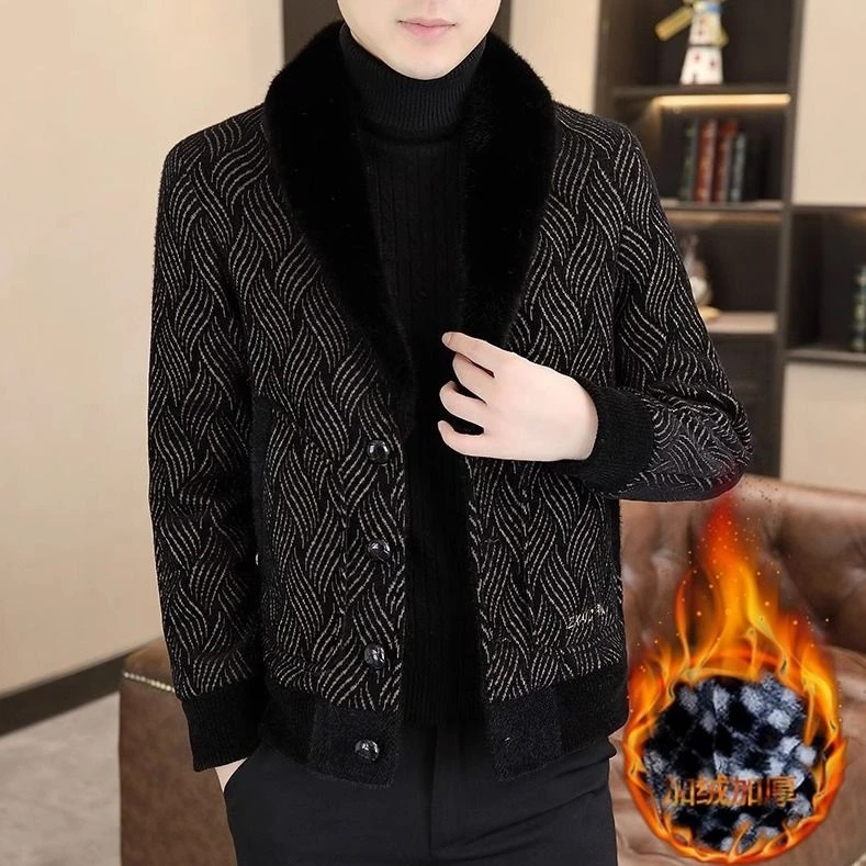 冬季高档加绒加厚毛呢大衣男时尚西装领毛领休闲百搭保暖呢子外套