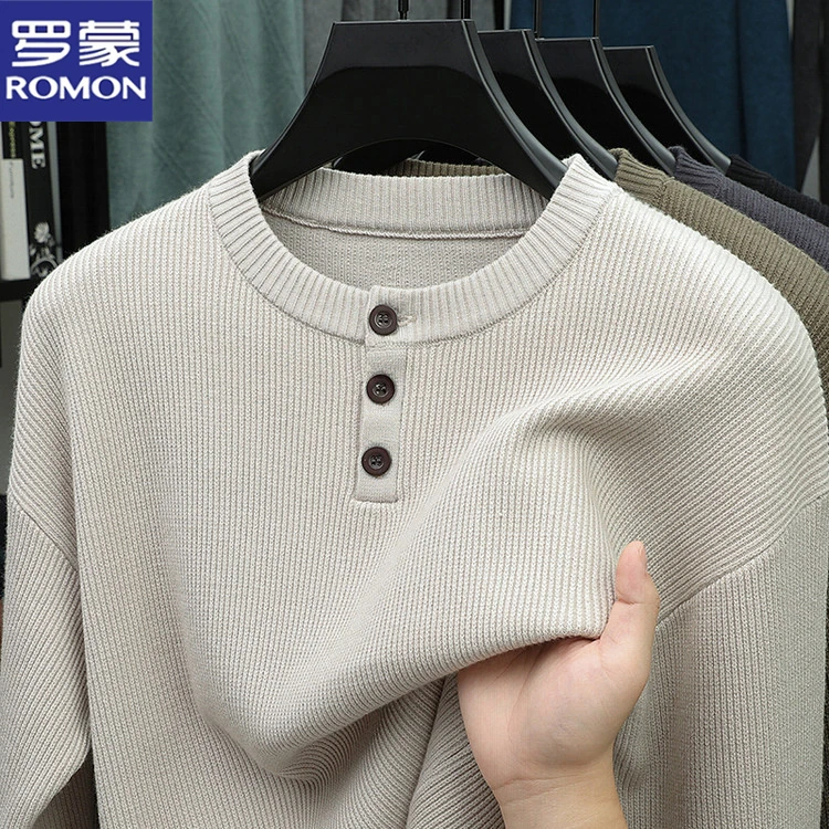 罗蒙秋冬季加厚圆领针织衫休闲百搭保暖三粒扣打底套头男士毛衣潮