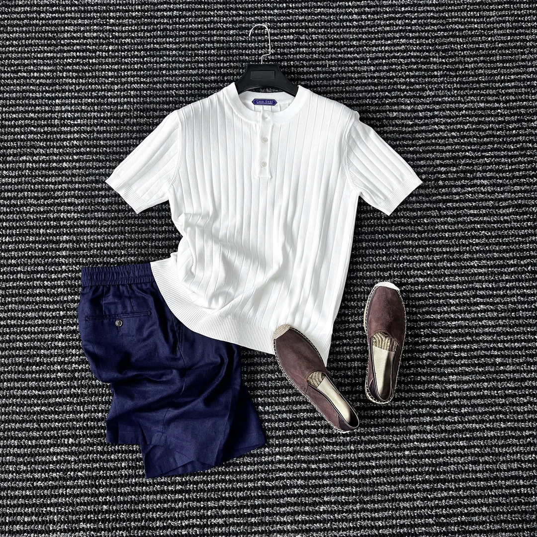 CssuGent夏季时尚经典 老钱 亨利领针织冰感短袖针织T恤男体恤潮