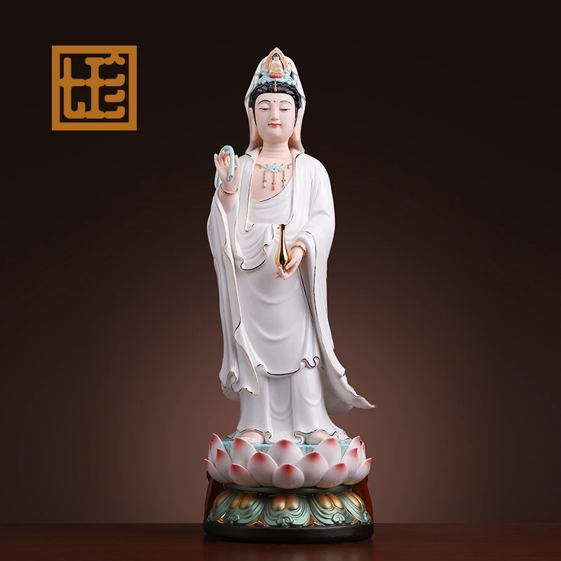 七珍陶瓷《站姿古莲观音瓷像佛像》描金彩绘观/音立像家用客厅摆件