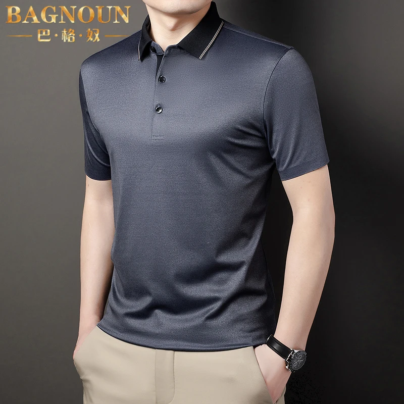 巴格奴Polo衫男士夏季新款时尚无痕翻领薄款透气款桑蚕丝短袖上衣