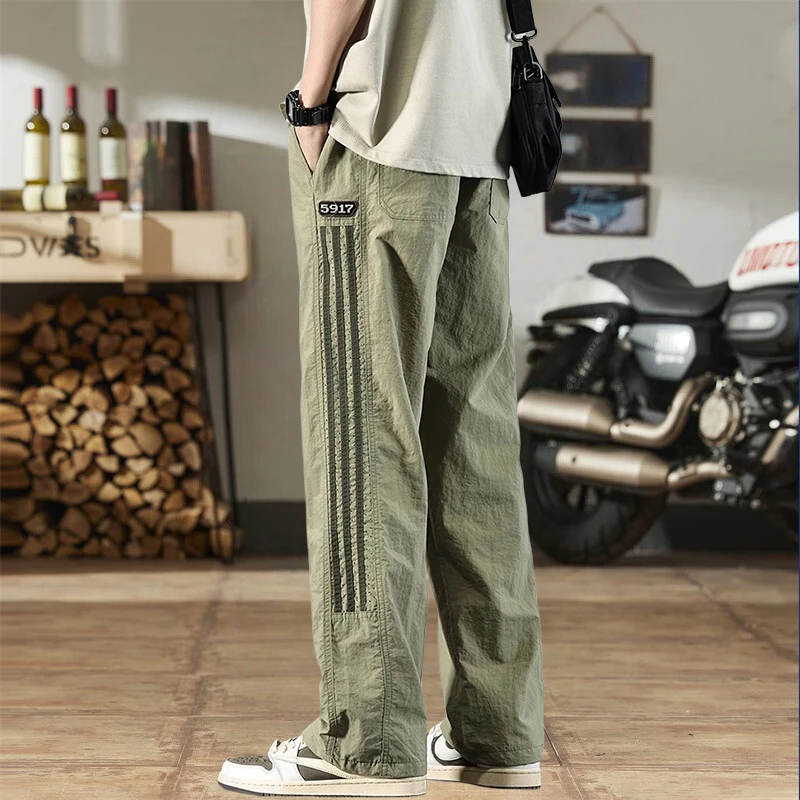 高端美式阔腿直筒裤男夏季薄款速干裤潮牌宽松大码休闲条纹长裤子