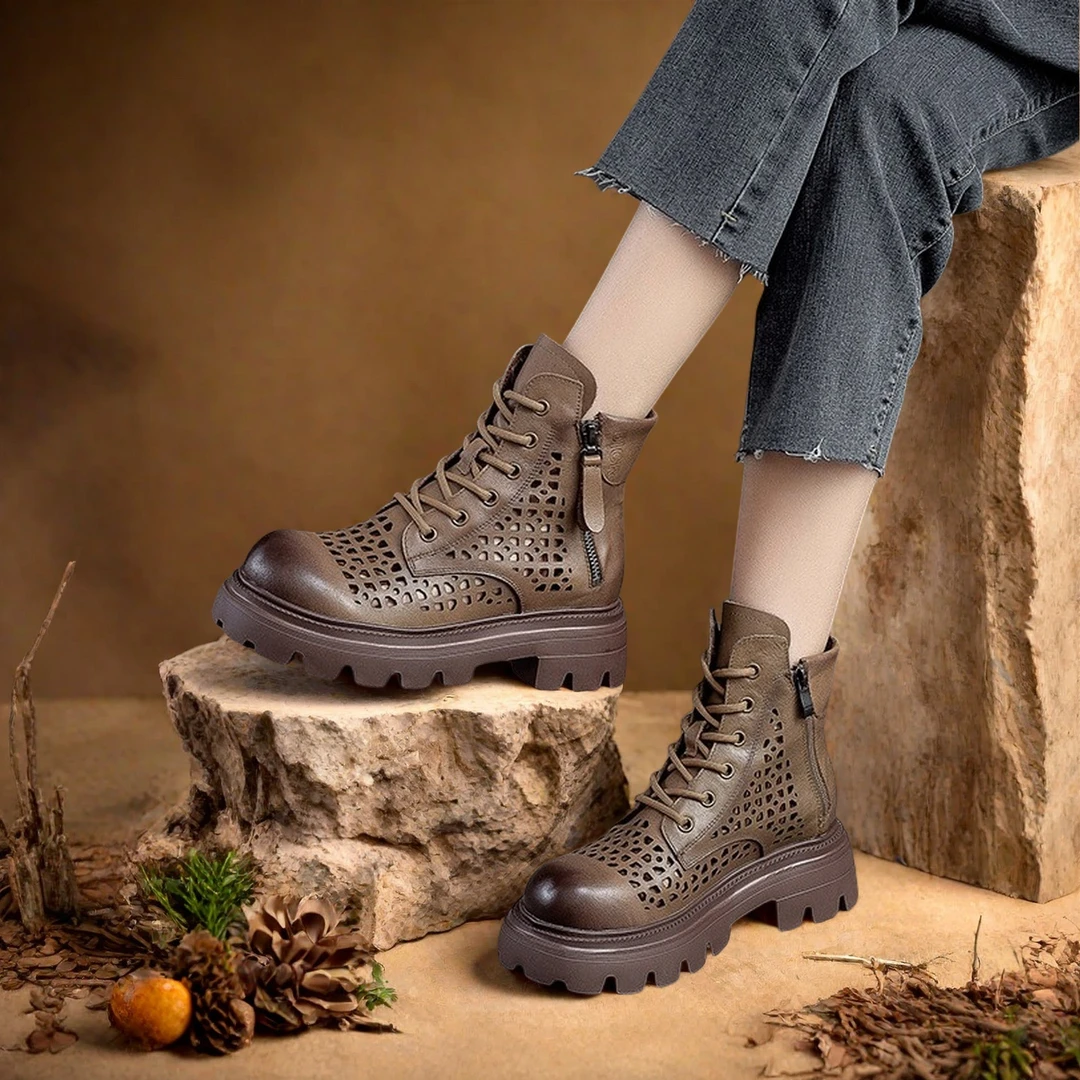 5cm镂空马丁靴女洞洞透气短靴春夏新款头层牛皮高帮舒适休闲厚底