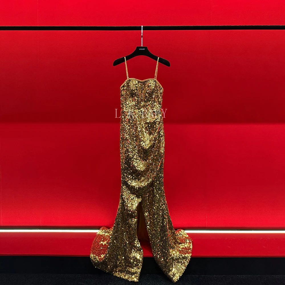 【L.K.BABY】日出之美 高定轻奢气质鎏金璀璨亮片开叉鱼尾晚礼服裙