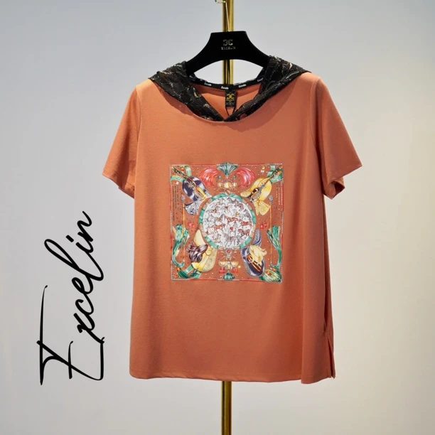 粉橘丝巾印花帽衫】夏季新款洋气穿搭女式短袖出行T恤显瘦减龄时尚