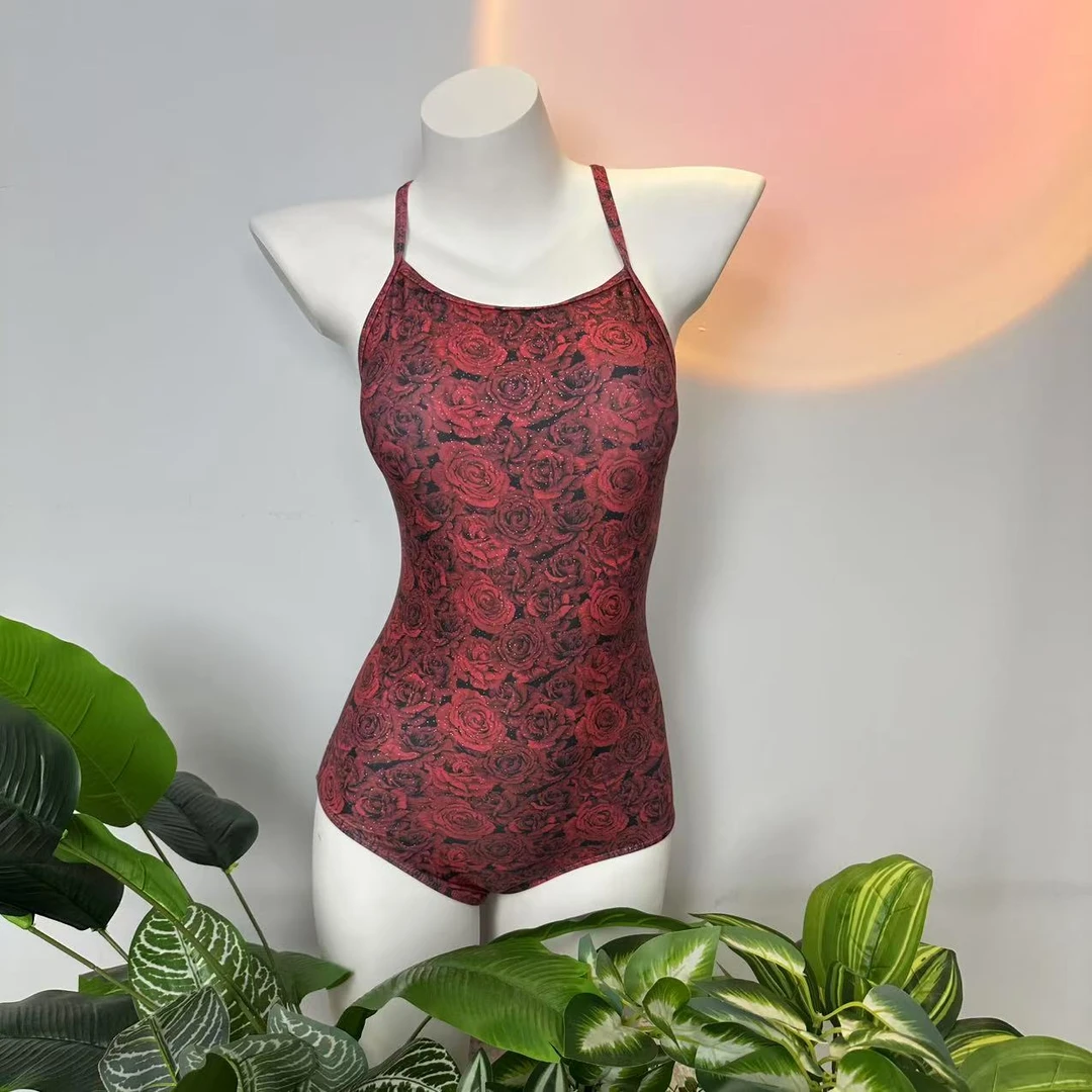 新宇新品/法式玫瑰三角修身显瘦竞速款连体泳衣无袖潜水