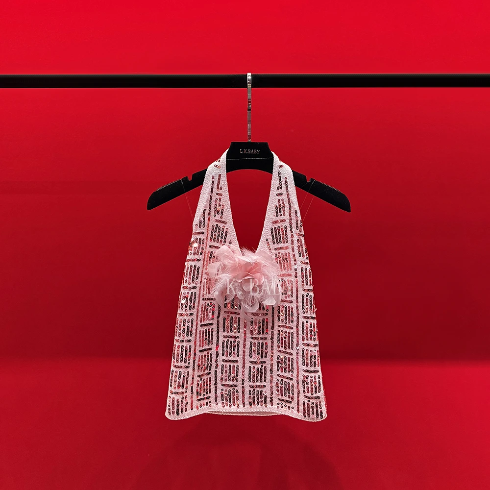 【L.K.BABY】瑰丽美人 纯欲氛围感浪漫山茶花亮片挂脖吊带背心